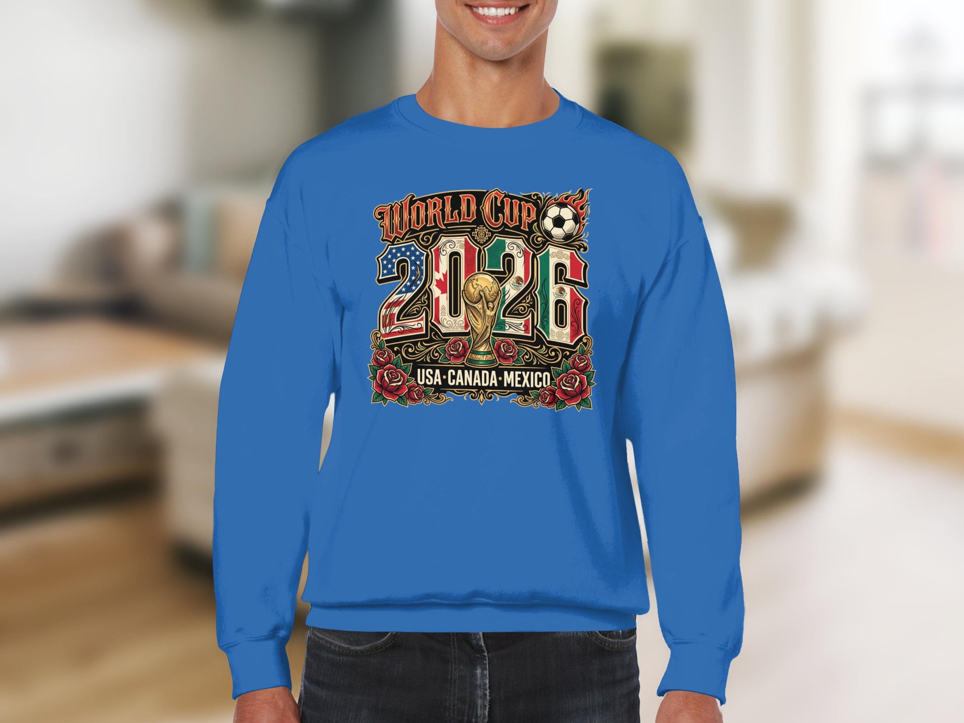 World Cup 2026 USA Canada Mexico design with trophy and soccer ball.