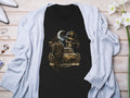 Black t-shirt with a skeleton wearing a fedora, leaning on a classic car.