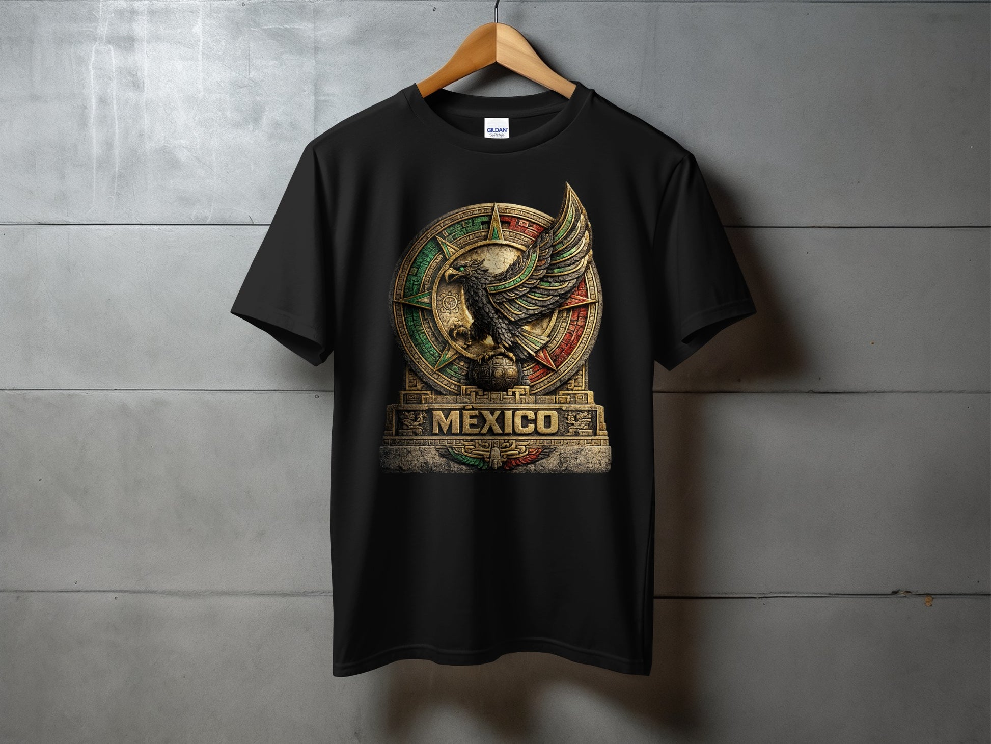 Black t-shirt with a circular Mexican eagle emblem and "MEXICO" text.