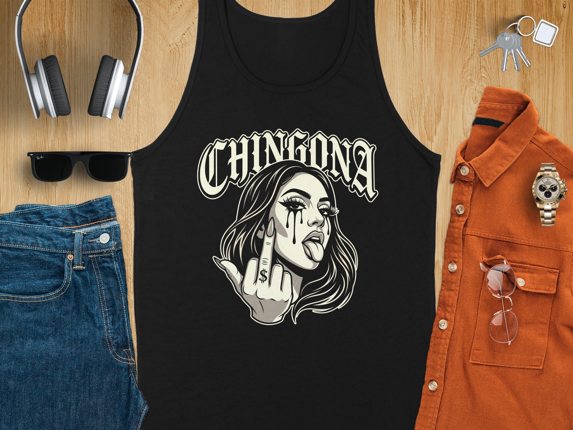 Black tank top with "CHINGONA" text and graphic of a woman showing middle finger.