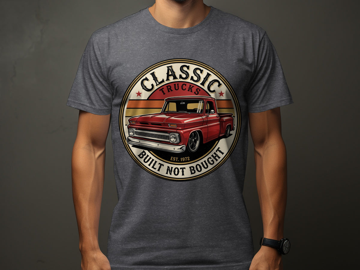 Graphic t-shirt with classic red truck and text "Classic Trucks Built Not Bought Est. 1972".
