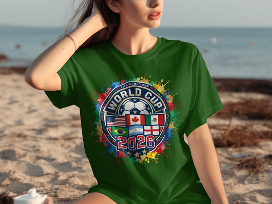 Green t-shirt with FIFA World Cup 2026 logo featuring flags of host nations.