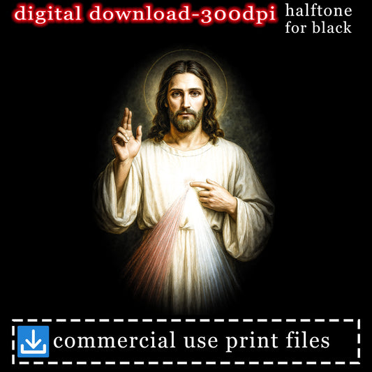 Jesus Christ with outstretched hands, "digital download-300dpi halftone for black" and "commercial use print files".