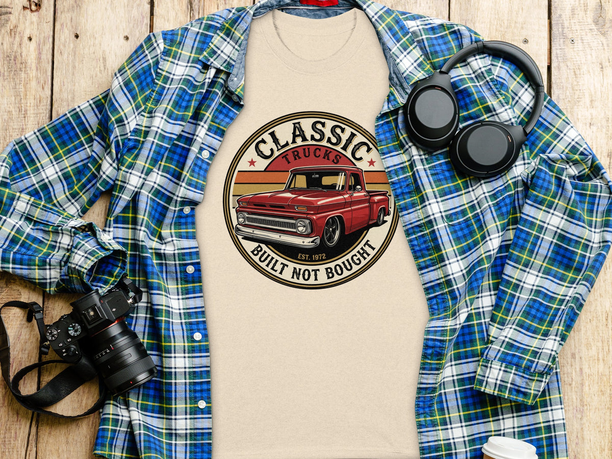 T-shirt with classic truck graphic and "Built Not Bought" text.