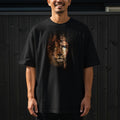 Black t-shirt with a split lion and Jesus face graphic.