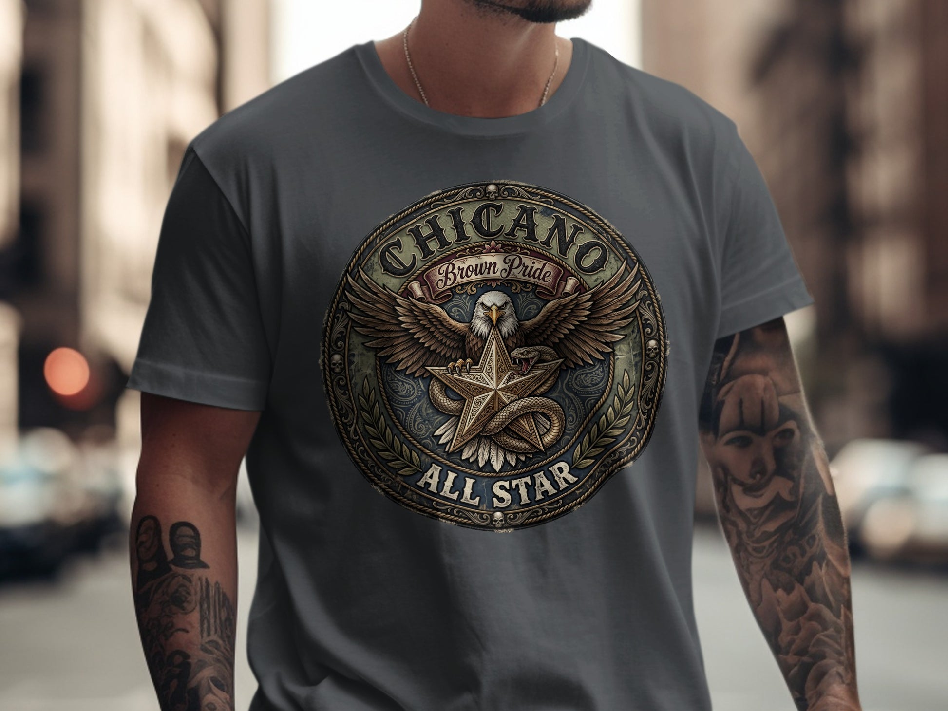 Grey t-shirt with "CHICANO BROWN PRIDE ALL STAR" emblem featuring a star and eagle.