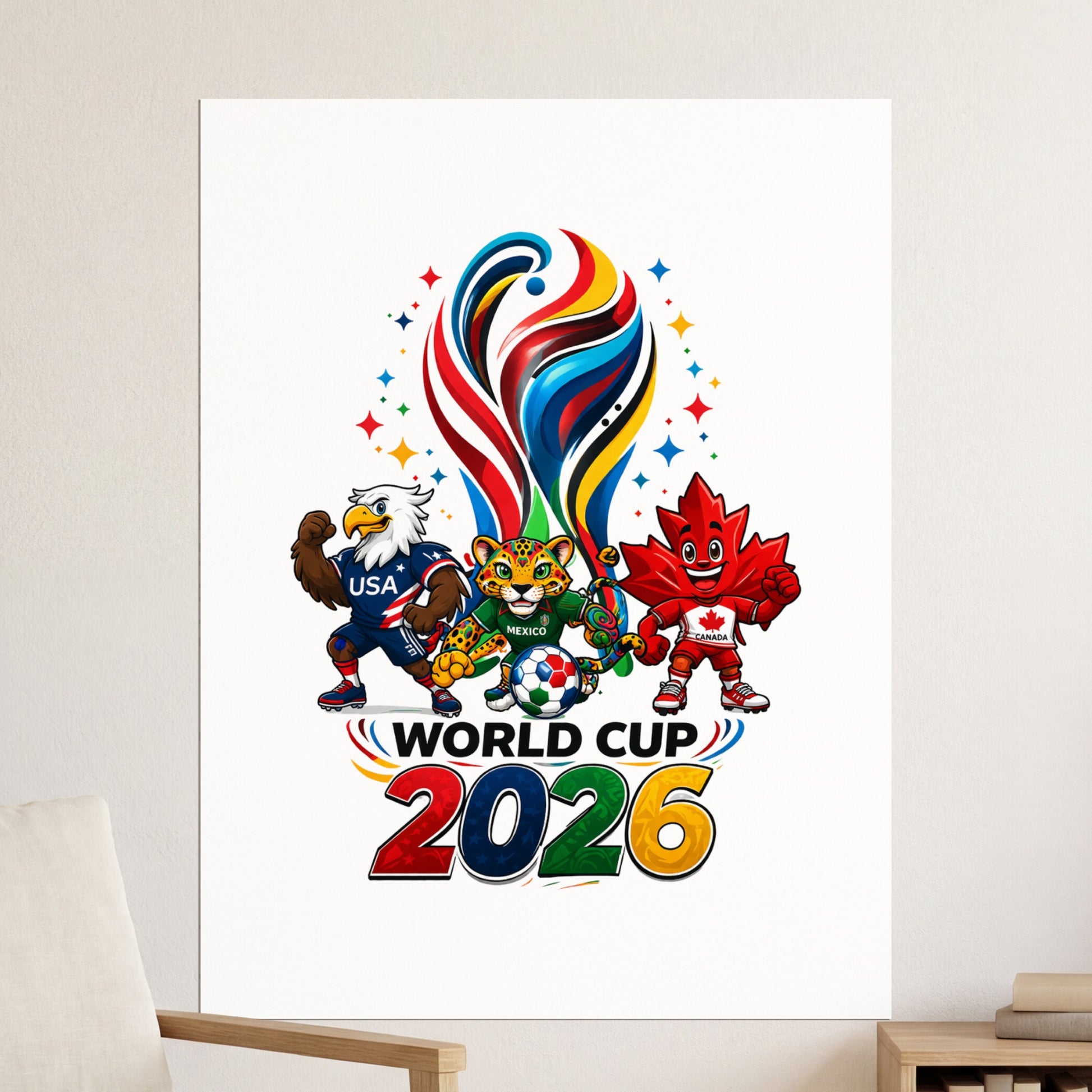 World Cup 2026 logo with mascots representing USA, Mexico, and Canada.