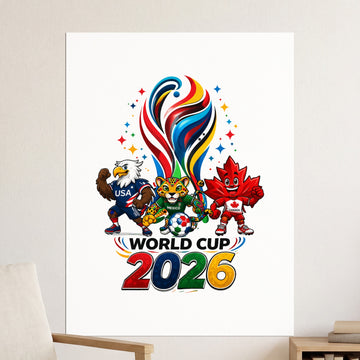 World Cup 2026 logo with mascots representing USA, Mexico, and Canada.