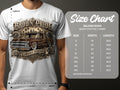 Gildan 5000 Heavy Cotton T-Shirt size chart with measurements and brown truck graphic.