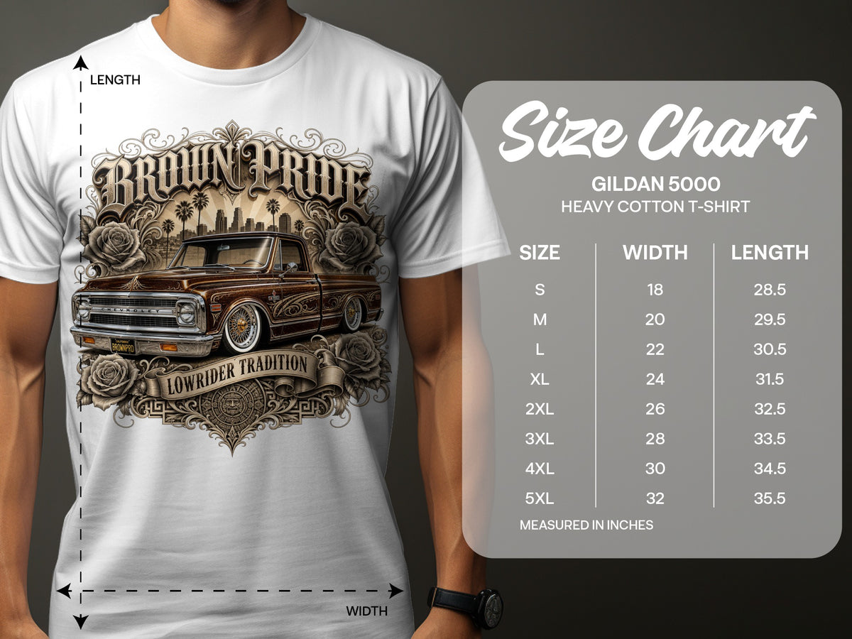 Gildan 5000 Heavy Cotton T-Shirt size chart with measurements and brown truck graphic.