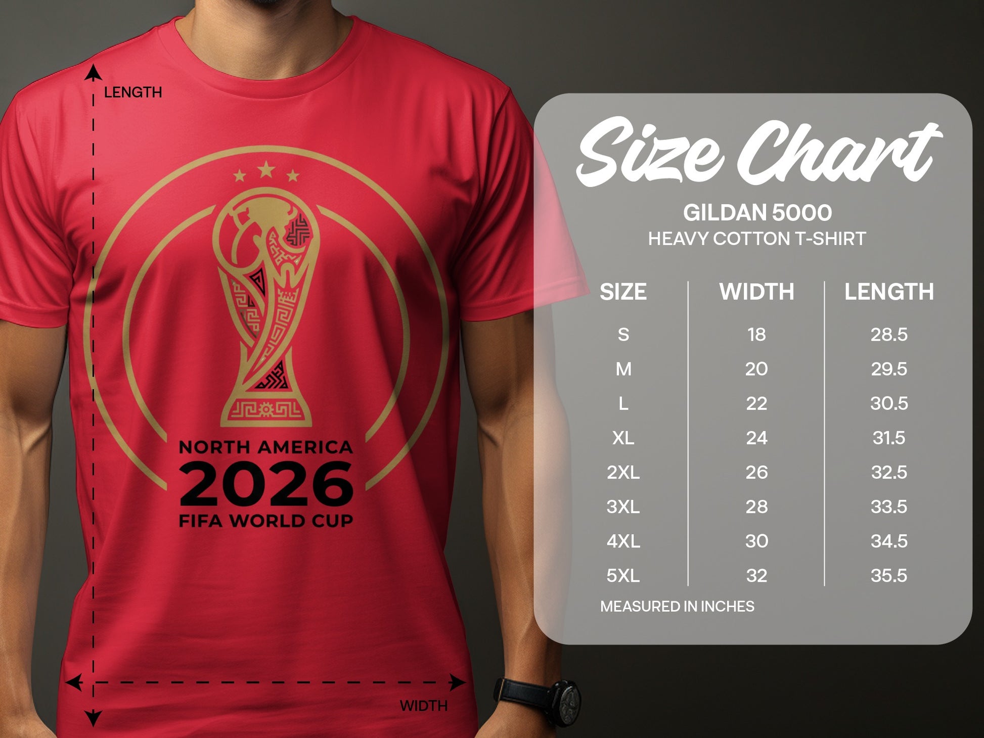 Red t-shirt with FIFA World Cup 2026 North America logo and size chart.