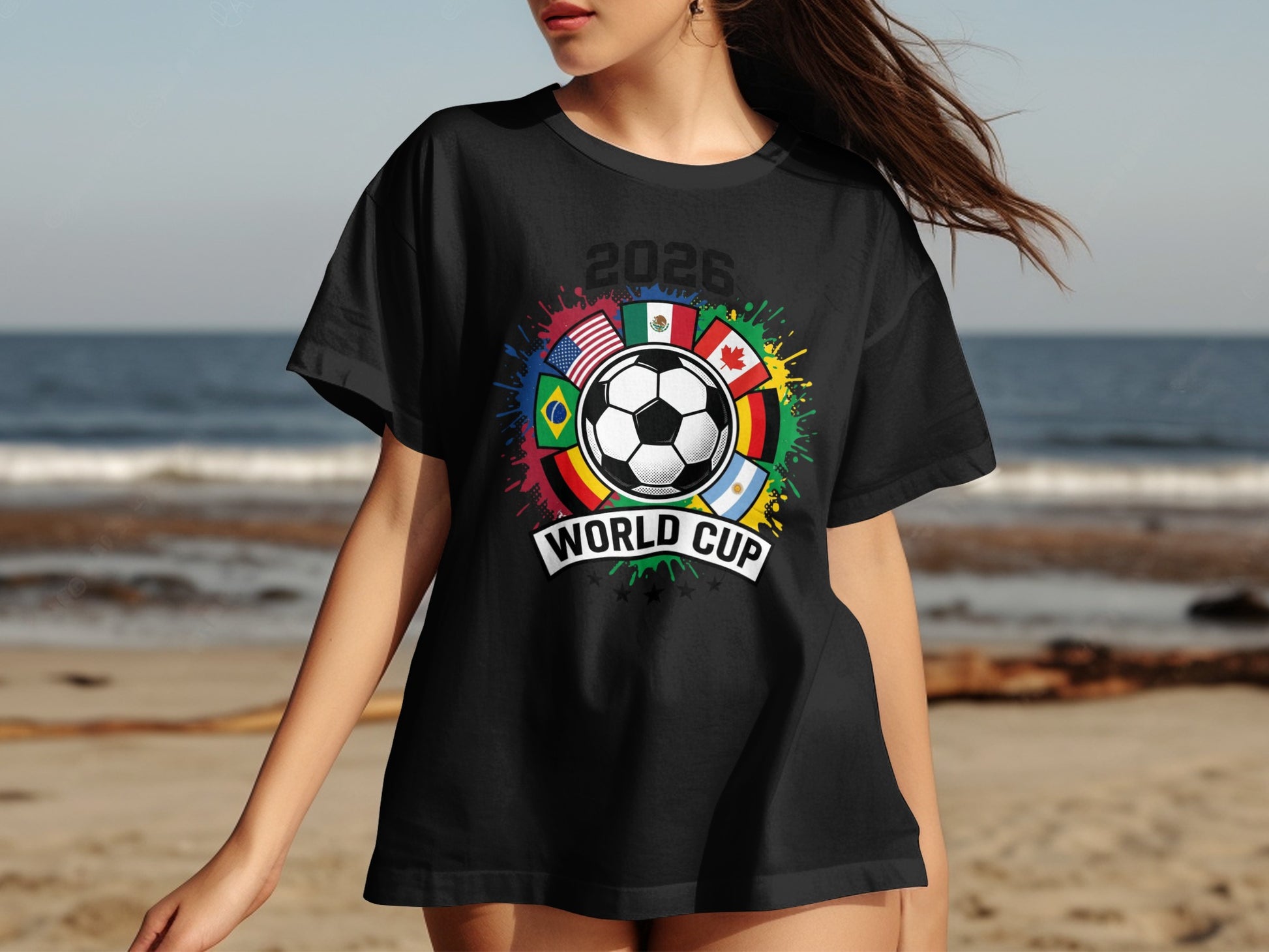 Black t-shirt with 2026 World Cup logo featuring a soccer ball and flags.