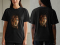 Black t-shirt featuring a lion's face split with crown of thorns and blue eye.