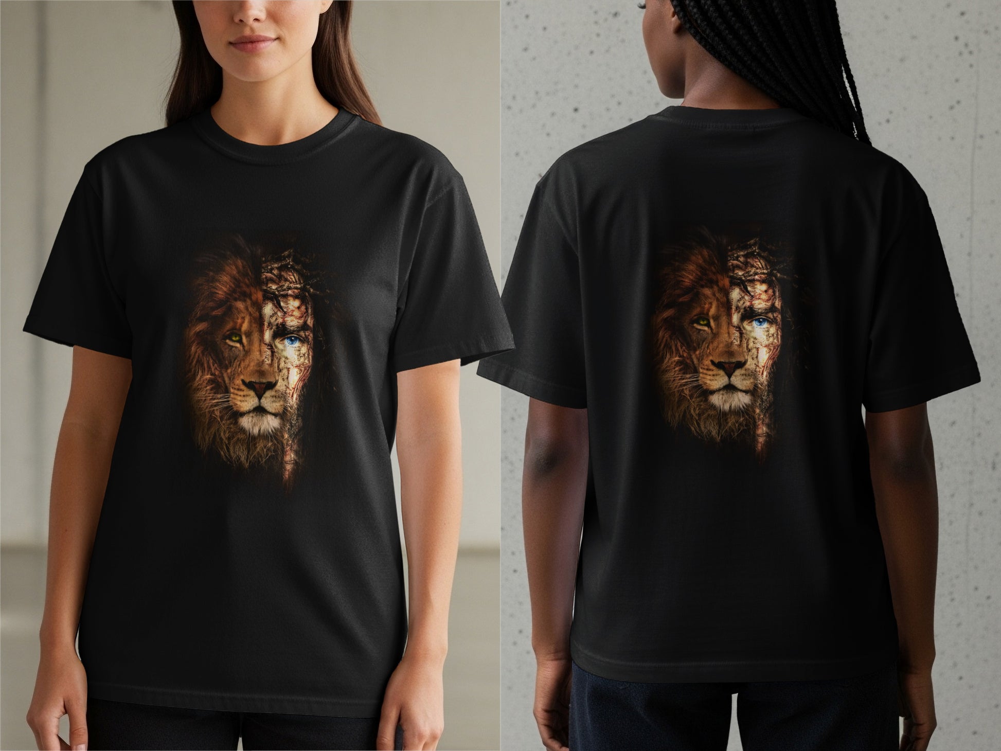 Black t-shirt featuring a lion's face split with crown of thorns and blue eye.