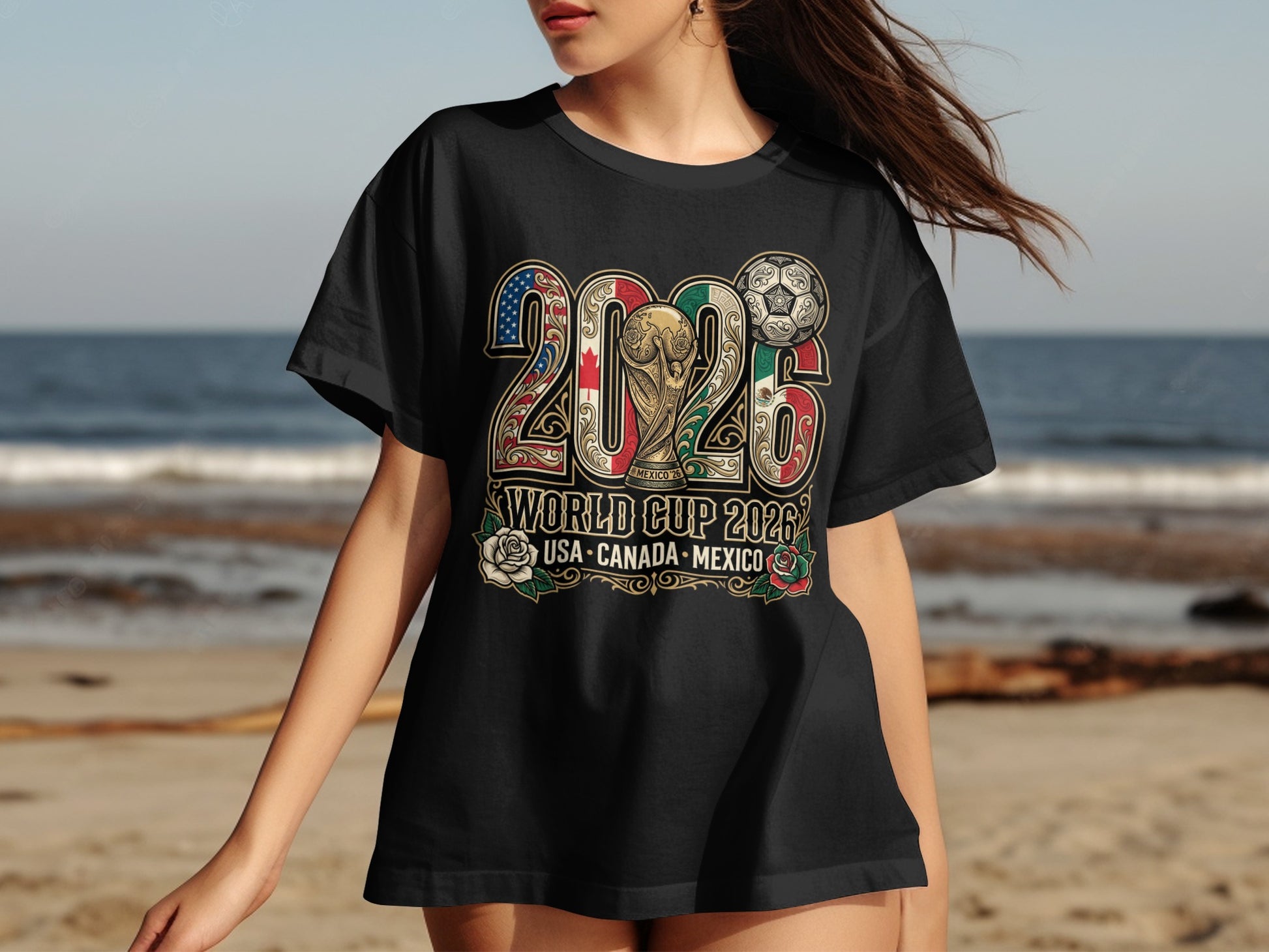 Black t-shirt with 2026 World Cup USA-Canada-Mexico graphic and soccer ball.