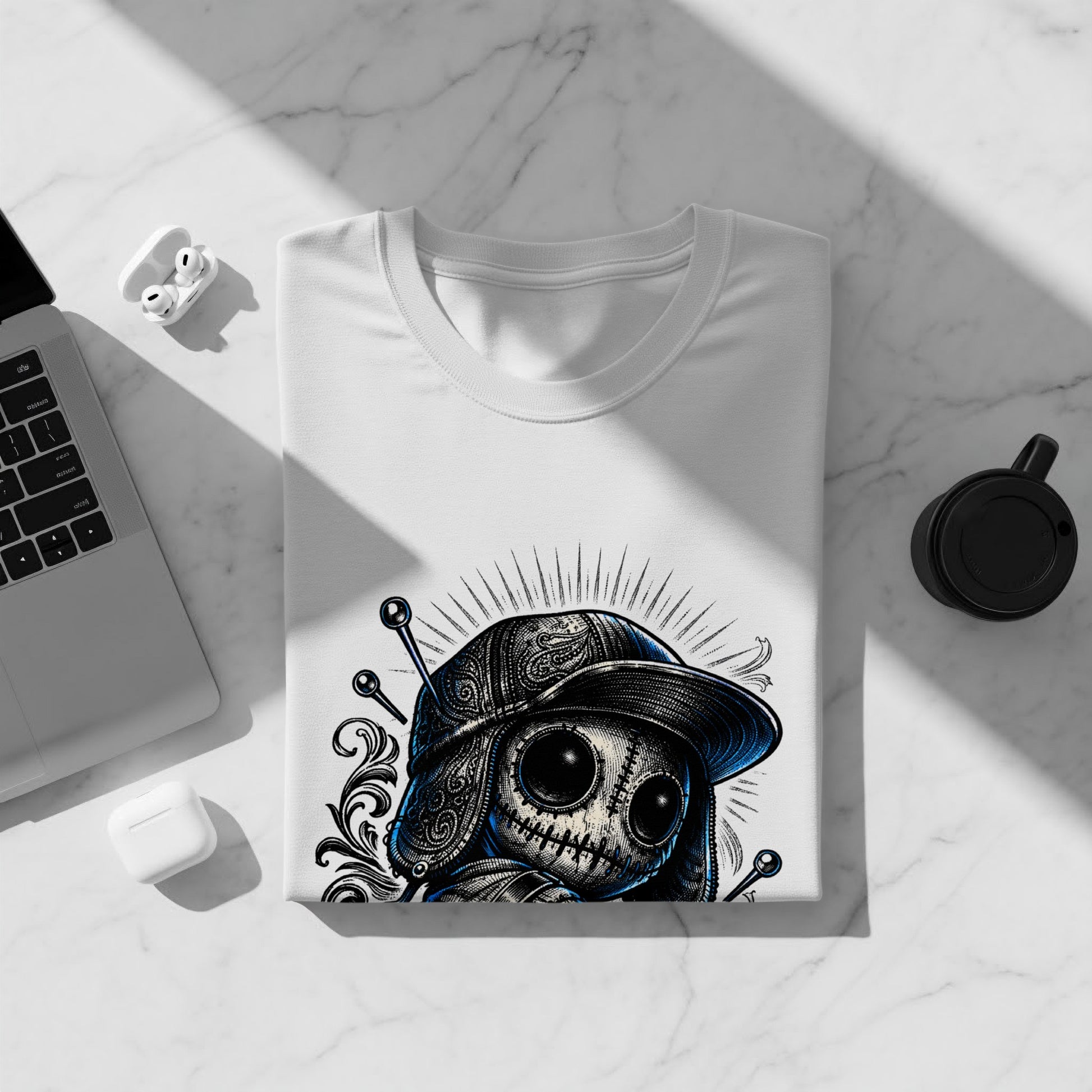 White t-shirt with a skull-like doll wearing a hat.