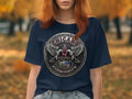 Navy blue t-shirt with a circular Chicano All Star emblem featuring eagles, a shield, and text.