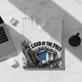 White t-shirt with Land of the Free eagle and shield graphic.