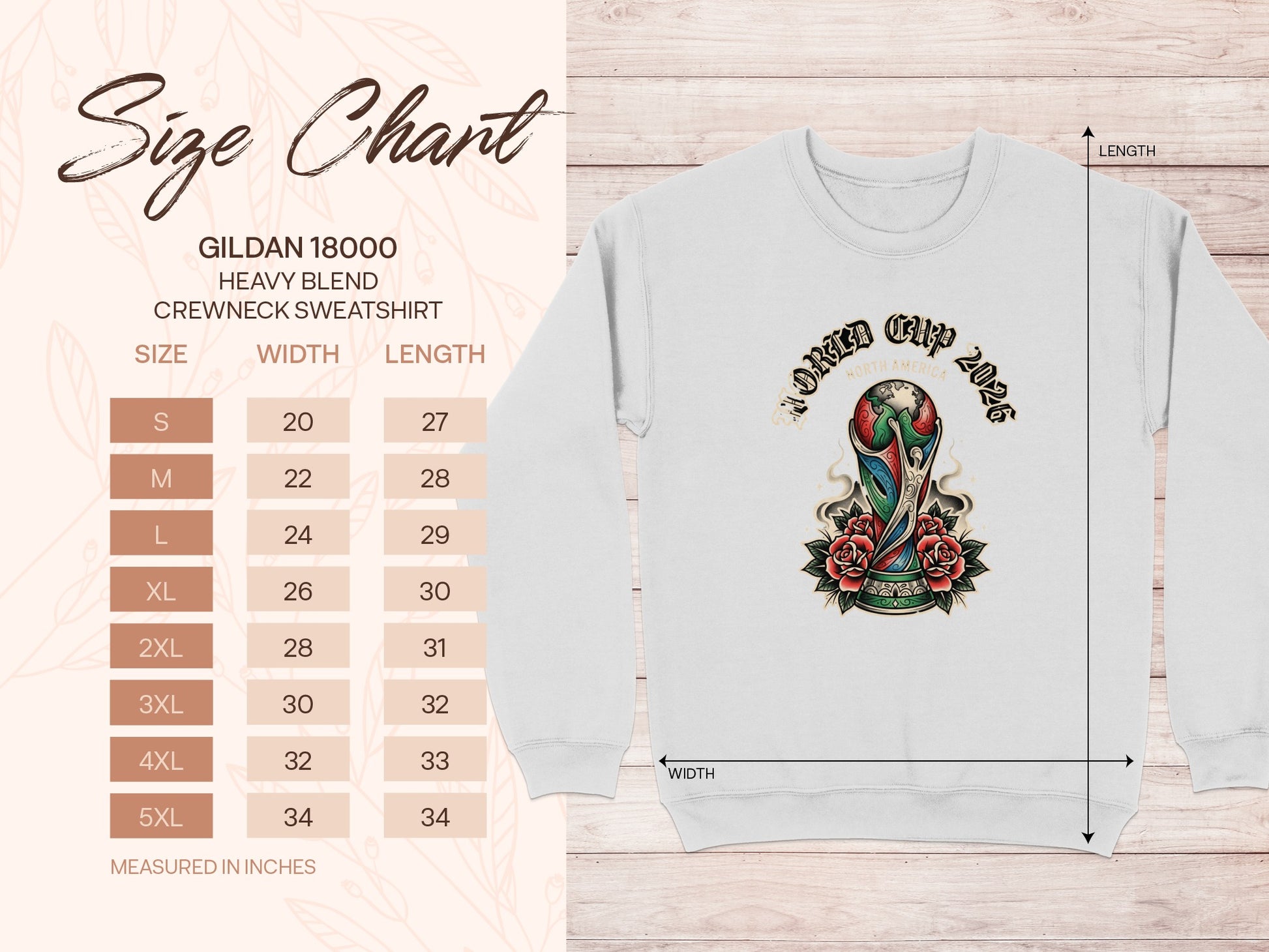 Gildan 18000 heavy blend crewneck sweatshirt size chart with measurements.