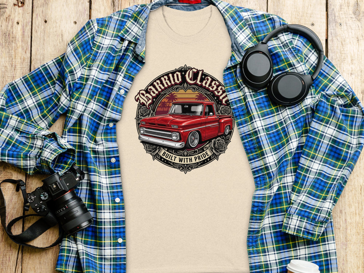 T-shirt with "Barrio Classic Built With Pride" graphic featuring a red truck.