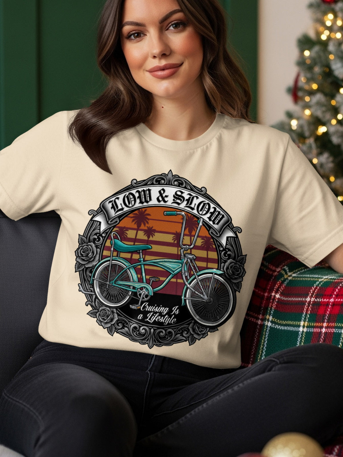 Cream t-shirt with "Low & Slow Cruising Is a Lifestyle" text and cruiser bicycle graphic.