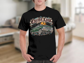 Black t-shirt with "CRUISE LOW LIVE HIGH" text and a green convertible.