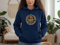 Navy blue hoodie with a circular graphic of a skull wearing sunglasses and the text 