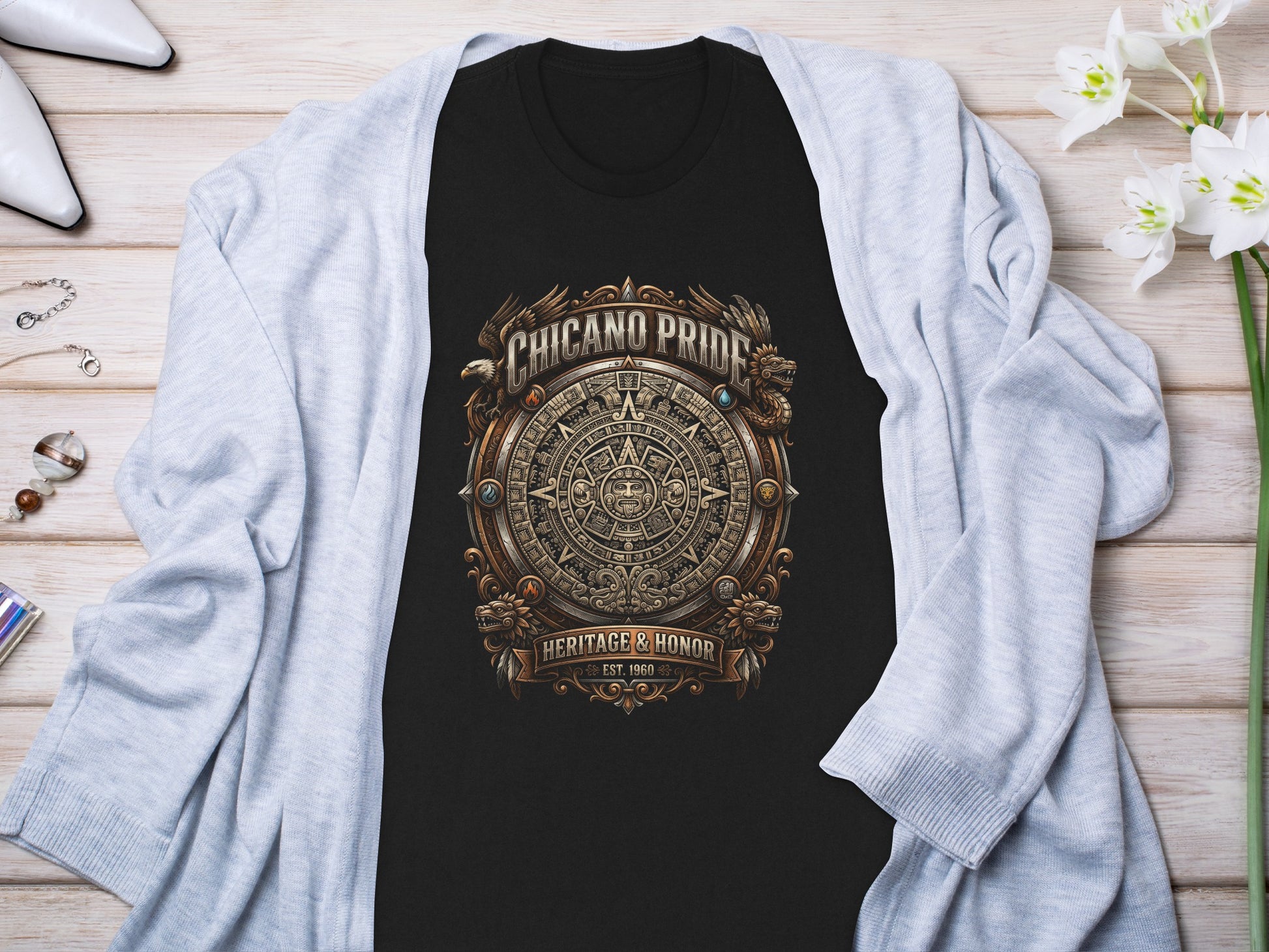 Black t-shirt with Chicano Pride Heritage & Honor graphic design.