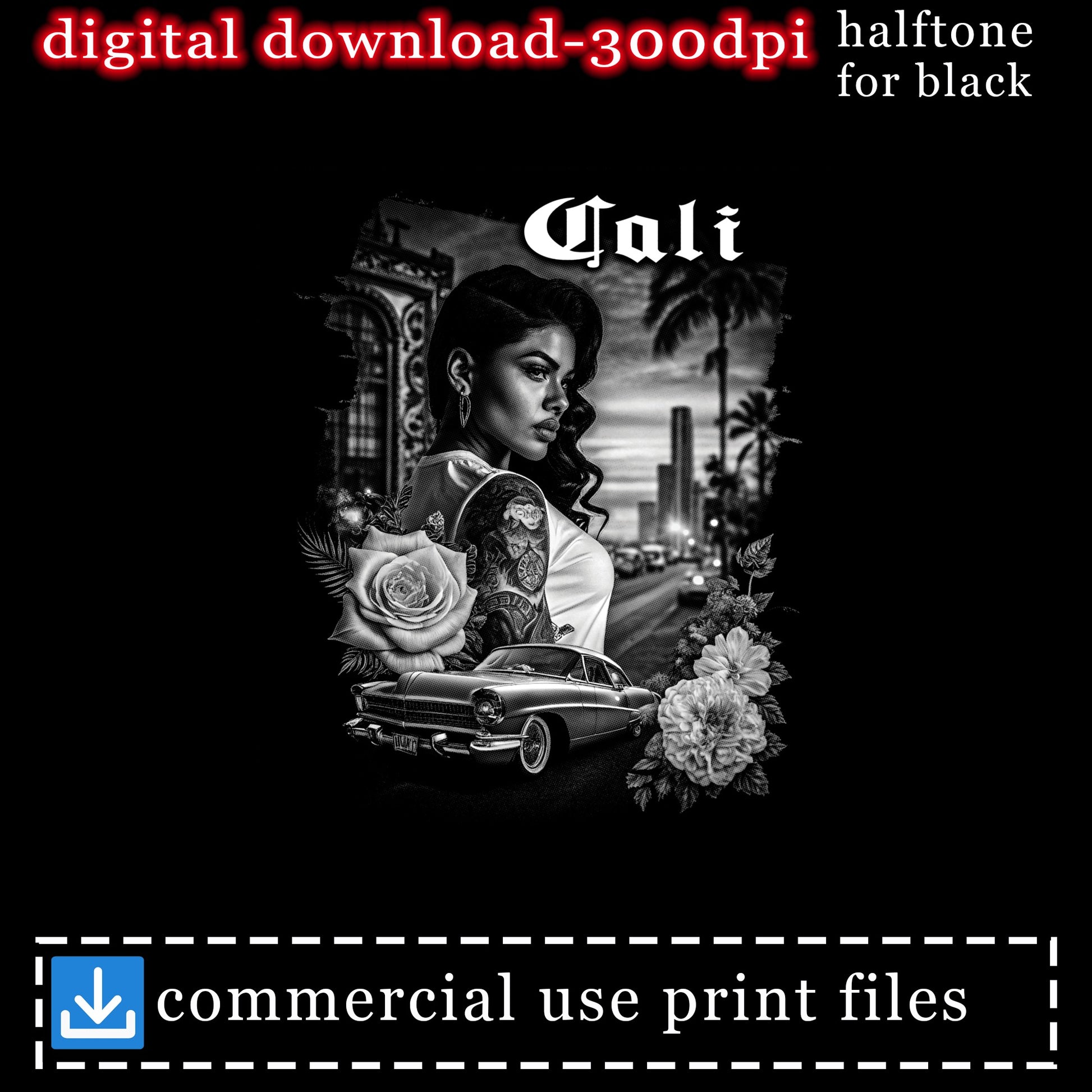 Tali design with vintage car and flowers, digital download for print.