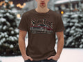 Brown t-shirt with vintage car and roses graphic and 