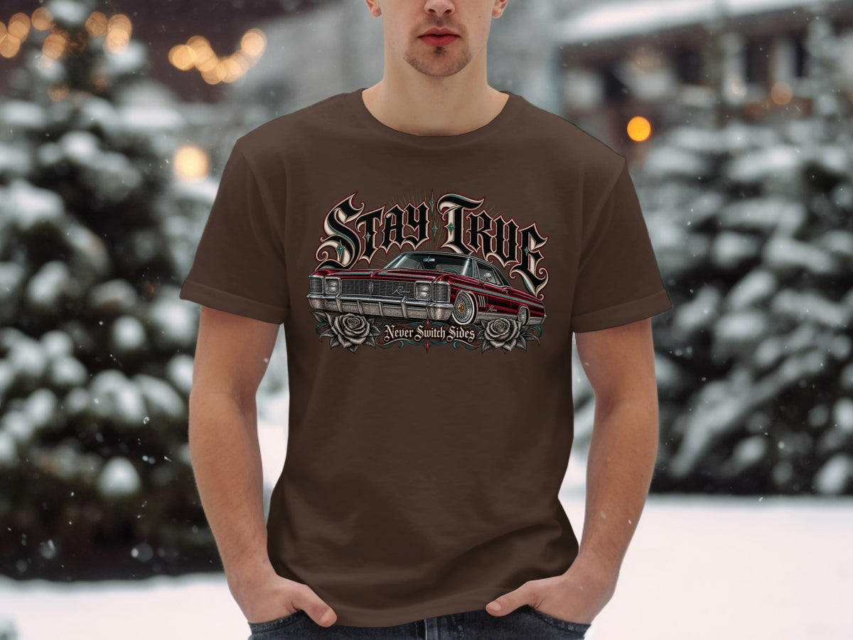 Brown t-shirt with vintage car and roses graphic and "Stay True Never Switch Sides" text.
