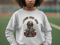 White sweatshirt with World Cup 2026 North America trophy and roses design.