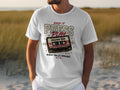 White t-shirt with vintage cassette tape graphic and text 