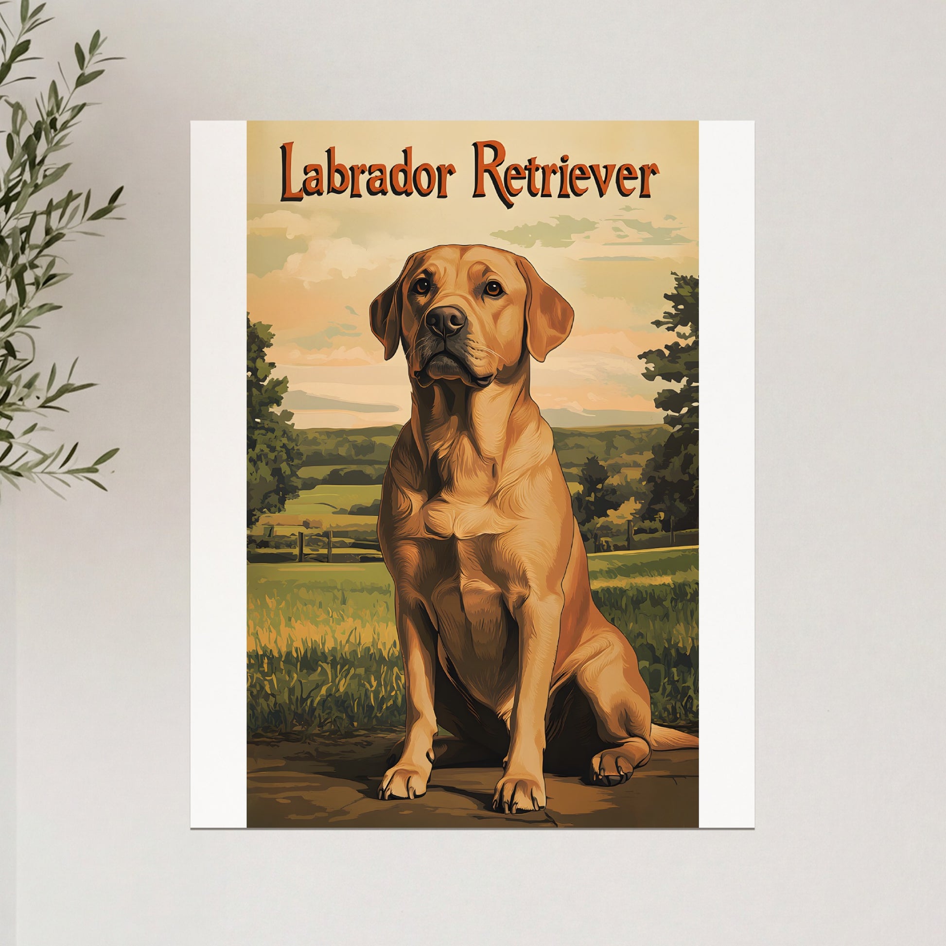 Labrador Retriever dog sitting outdoors with text "Labrador Retriever" above.