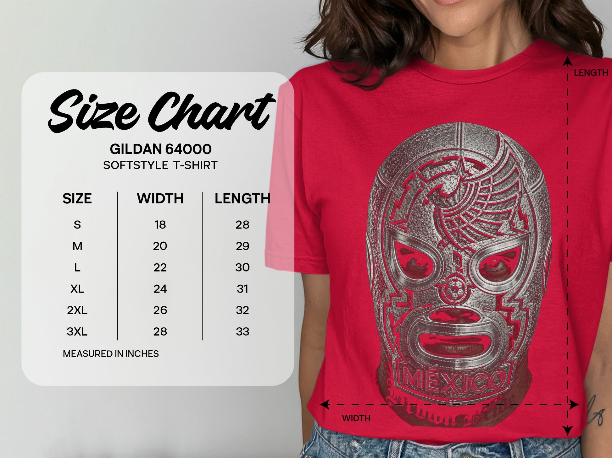 Gildan 64000 Softstyle T-shirt size chart with measurements in inches.