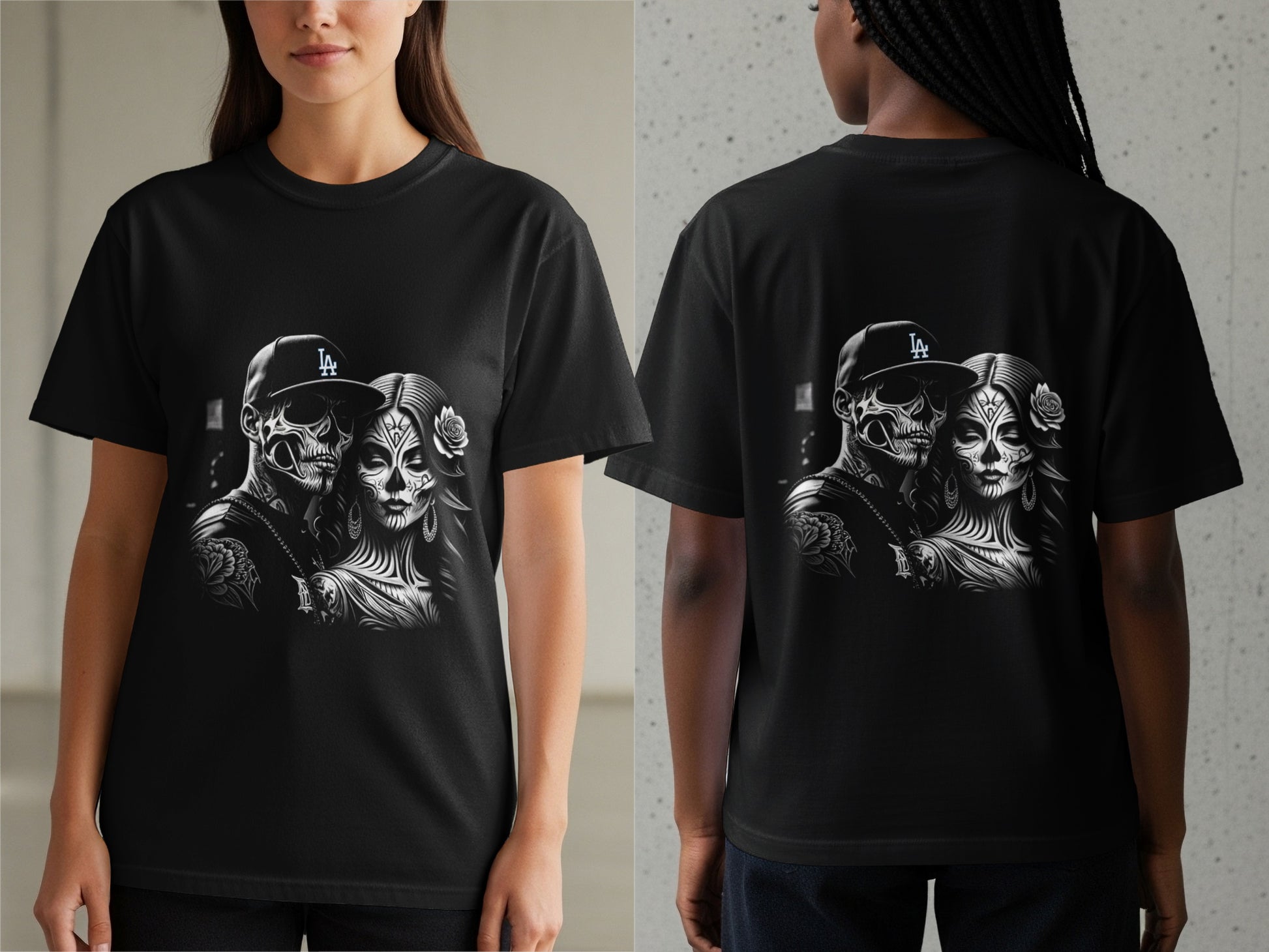 Black t-shirt with Día de los Muertos inspired skull couple graphic on front and back.