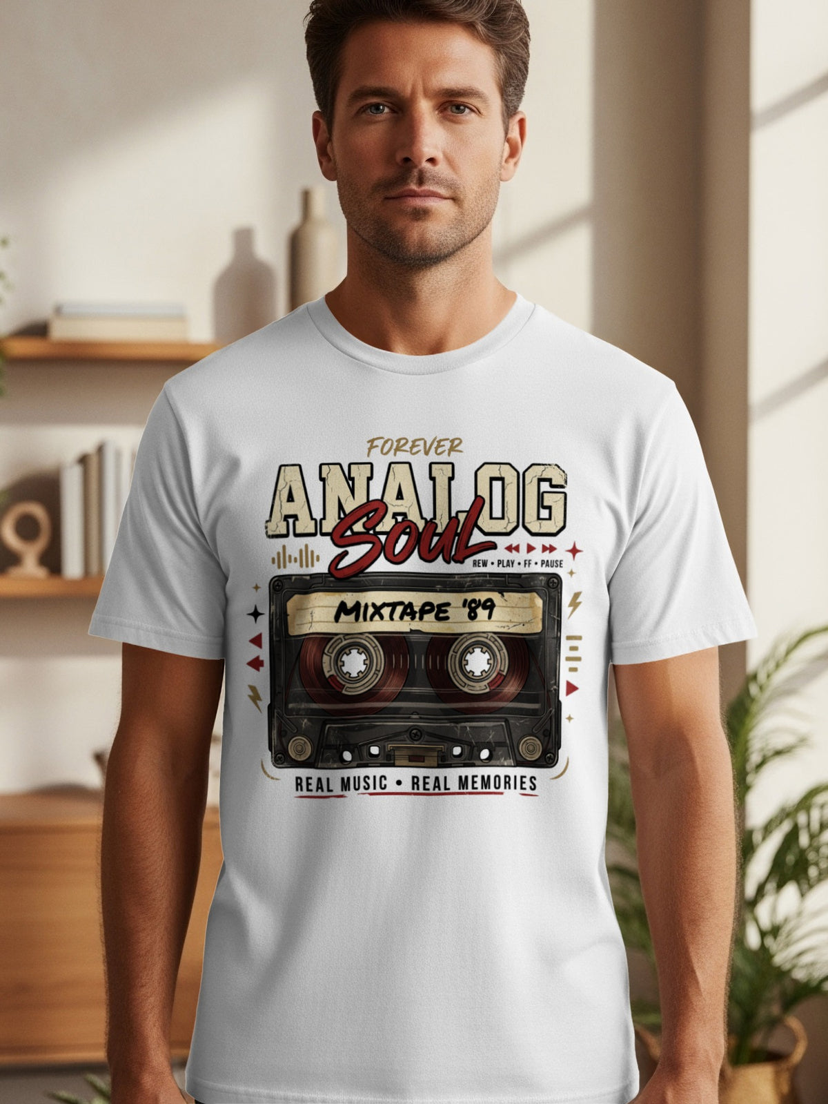 White t-shirt with "Forever Analog Soul Mixtape '89" and cassette graphic.