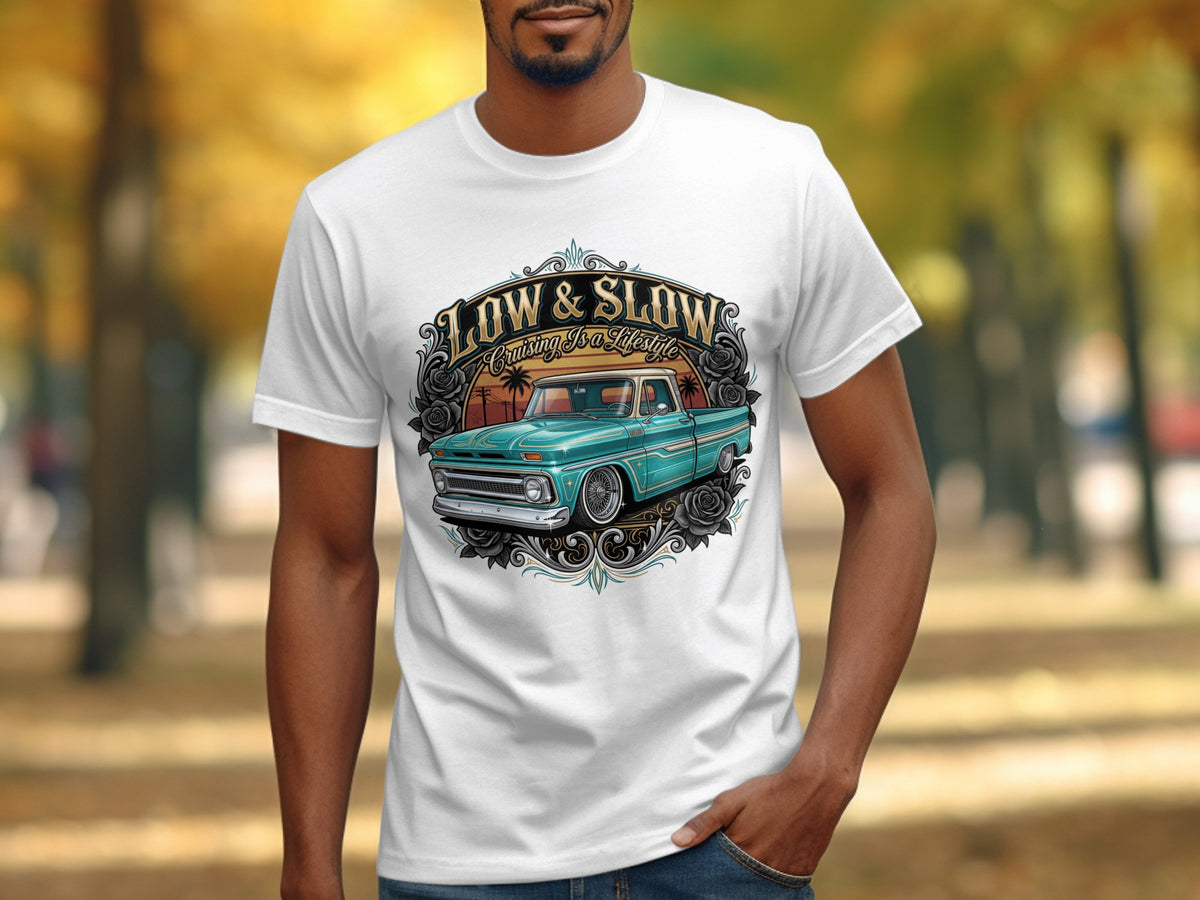 White t-shirt featuring a teal lowrider truck graphic with "Low & Slow" text.