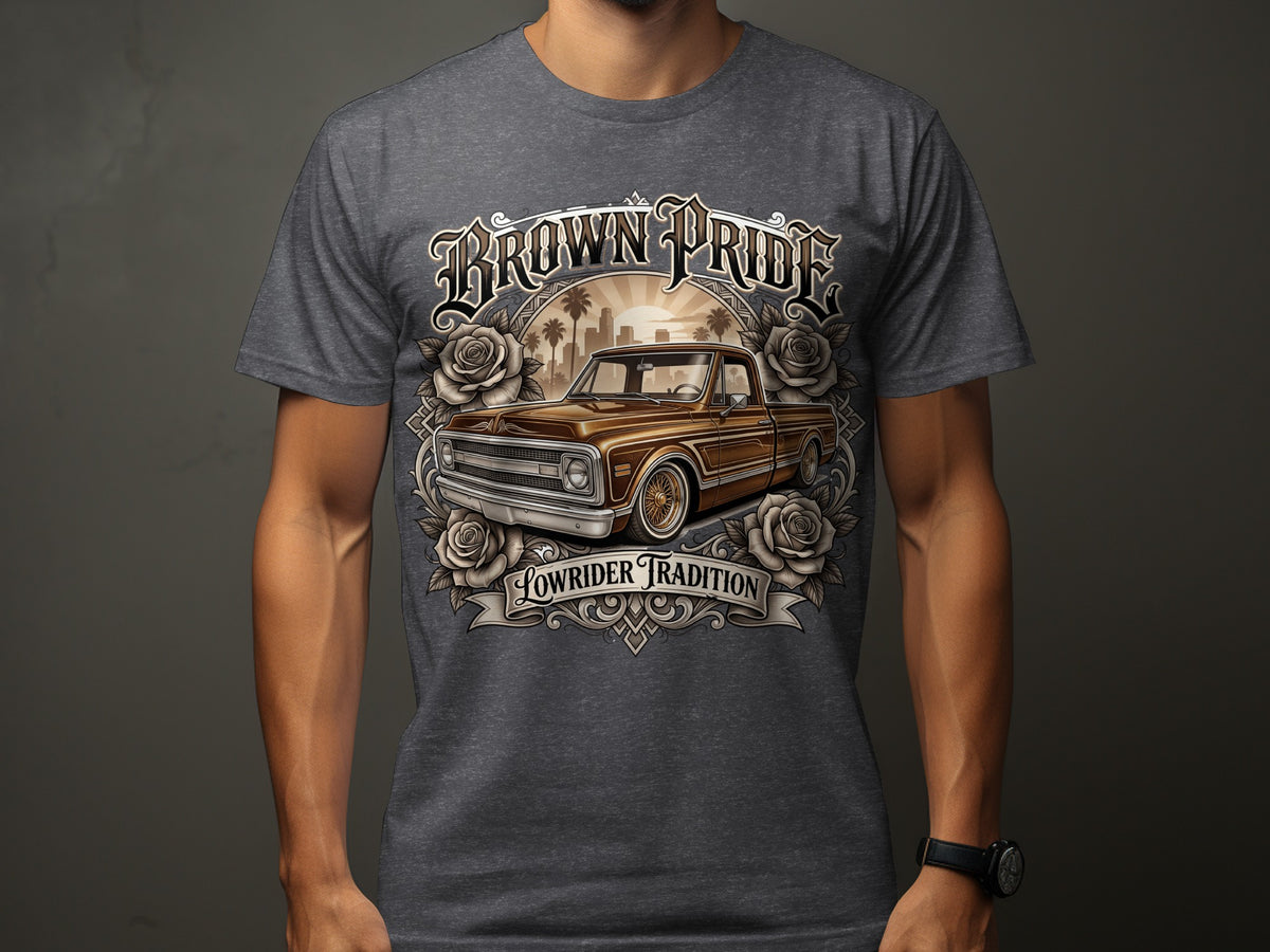 Brown Pride Lowrider Tradition design on a t-shirt featuring a vintage pickup truck and roses.