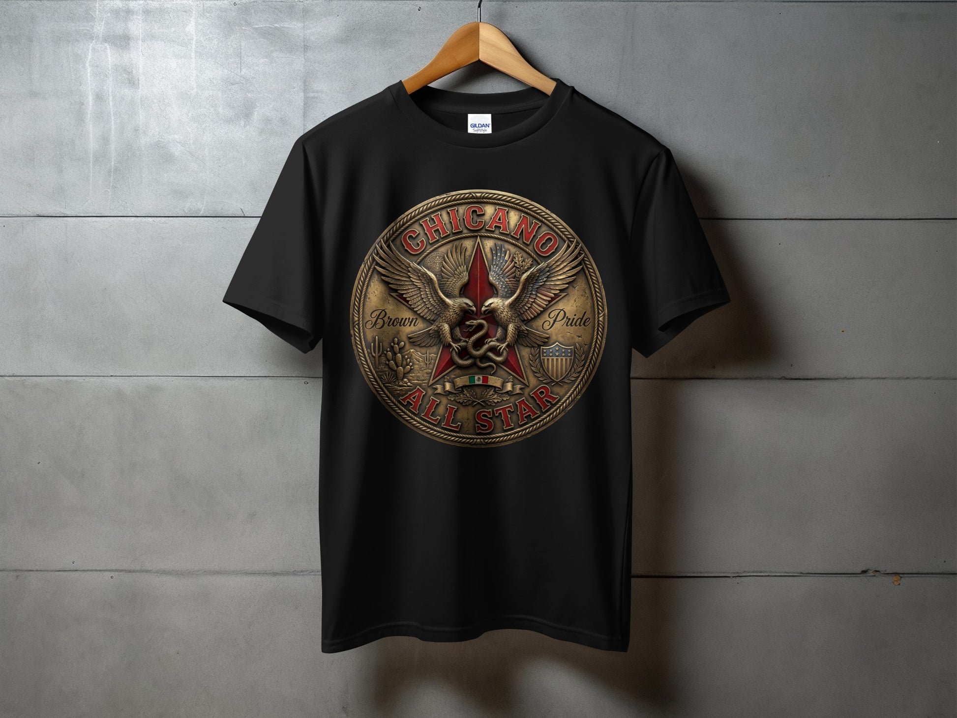 Black t-shirt featuring a circular "Chicano Brown All Star" emblem with eagles and a star.