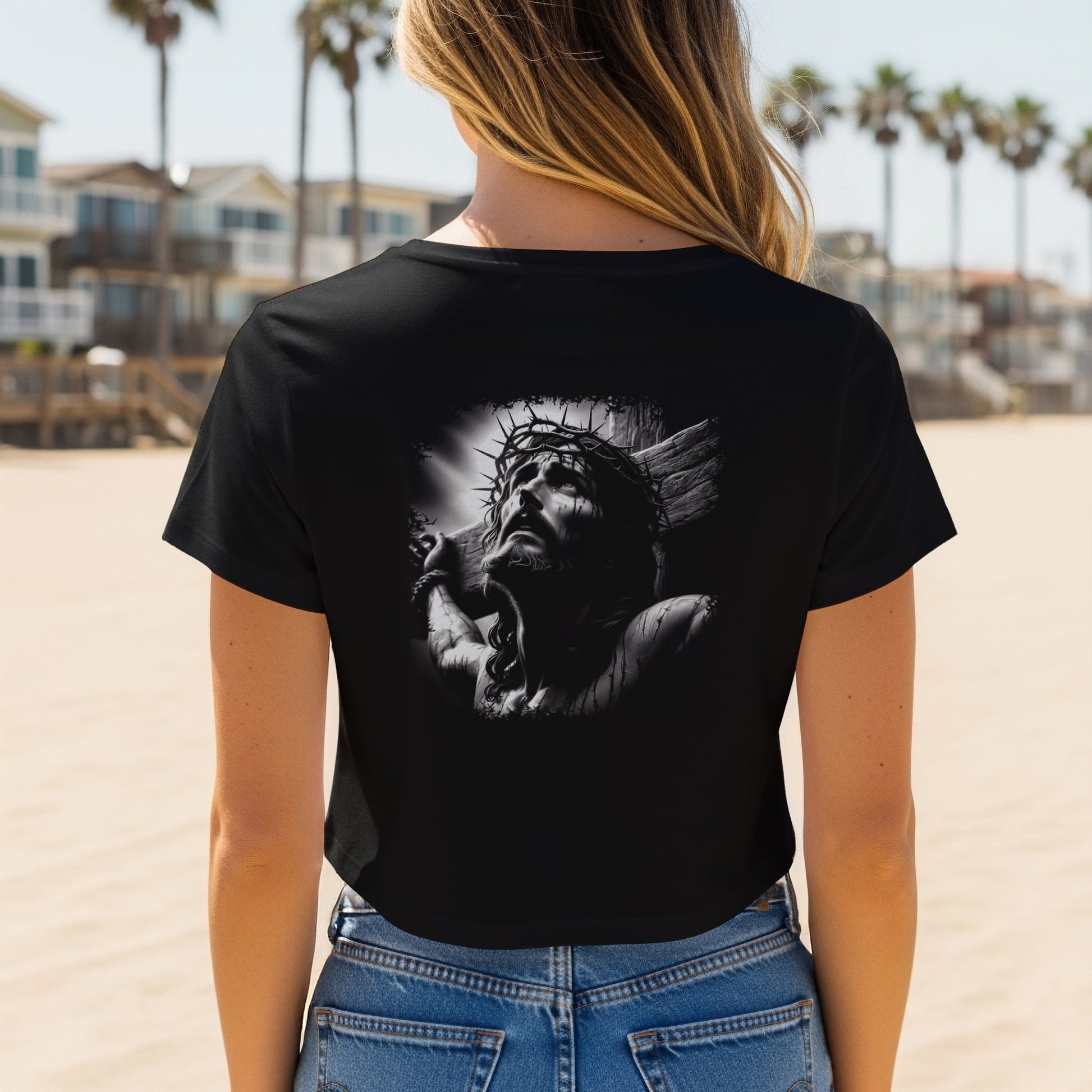 Black t-shirt with a black and white graphic of Jesus Christ on the cross.
