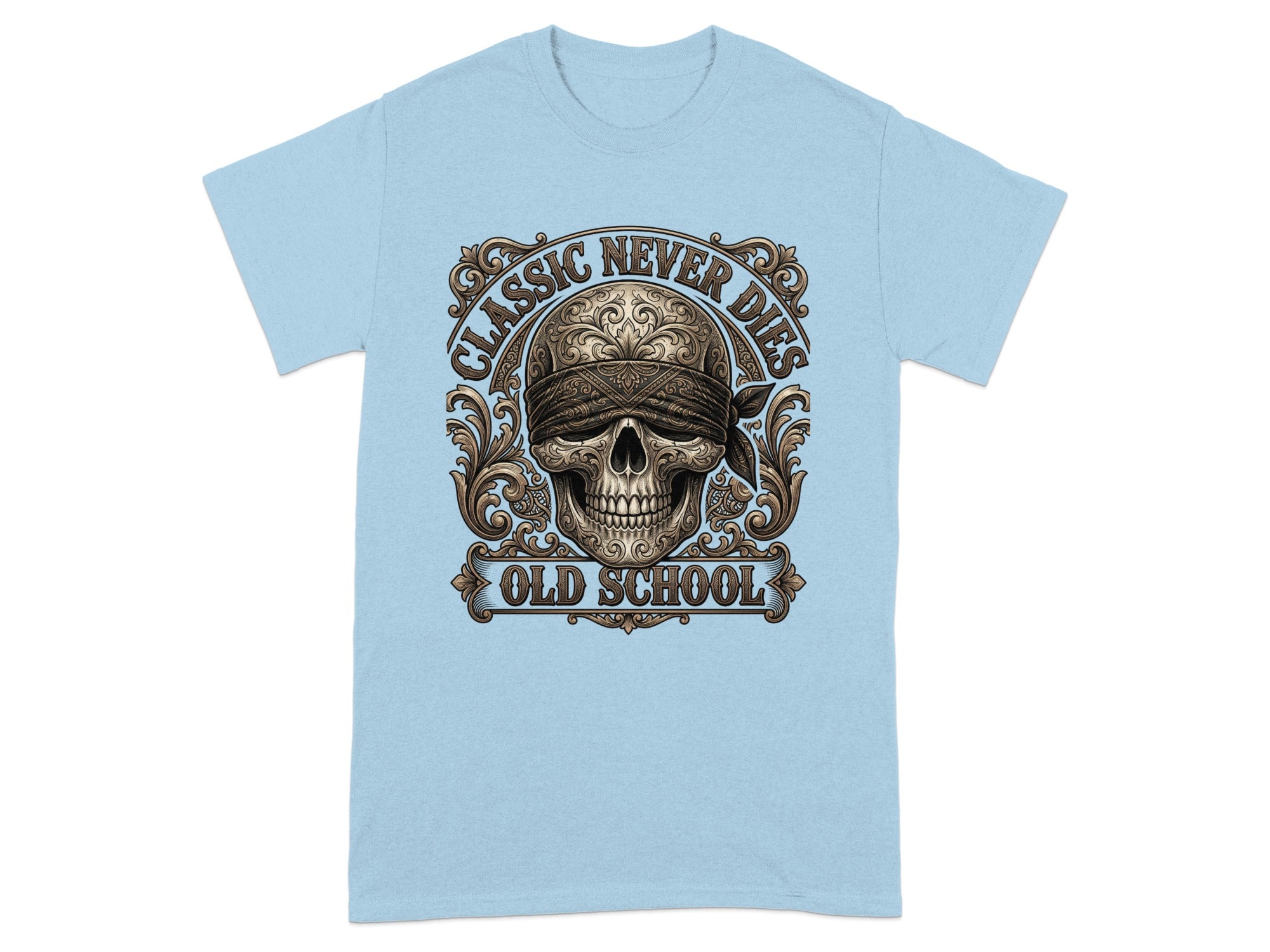 Light blue t-shirt with a skull wearing a bandana and "Classic Never Dies Old School" text.