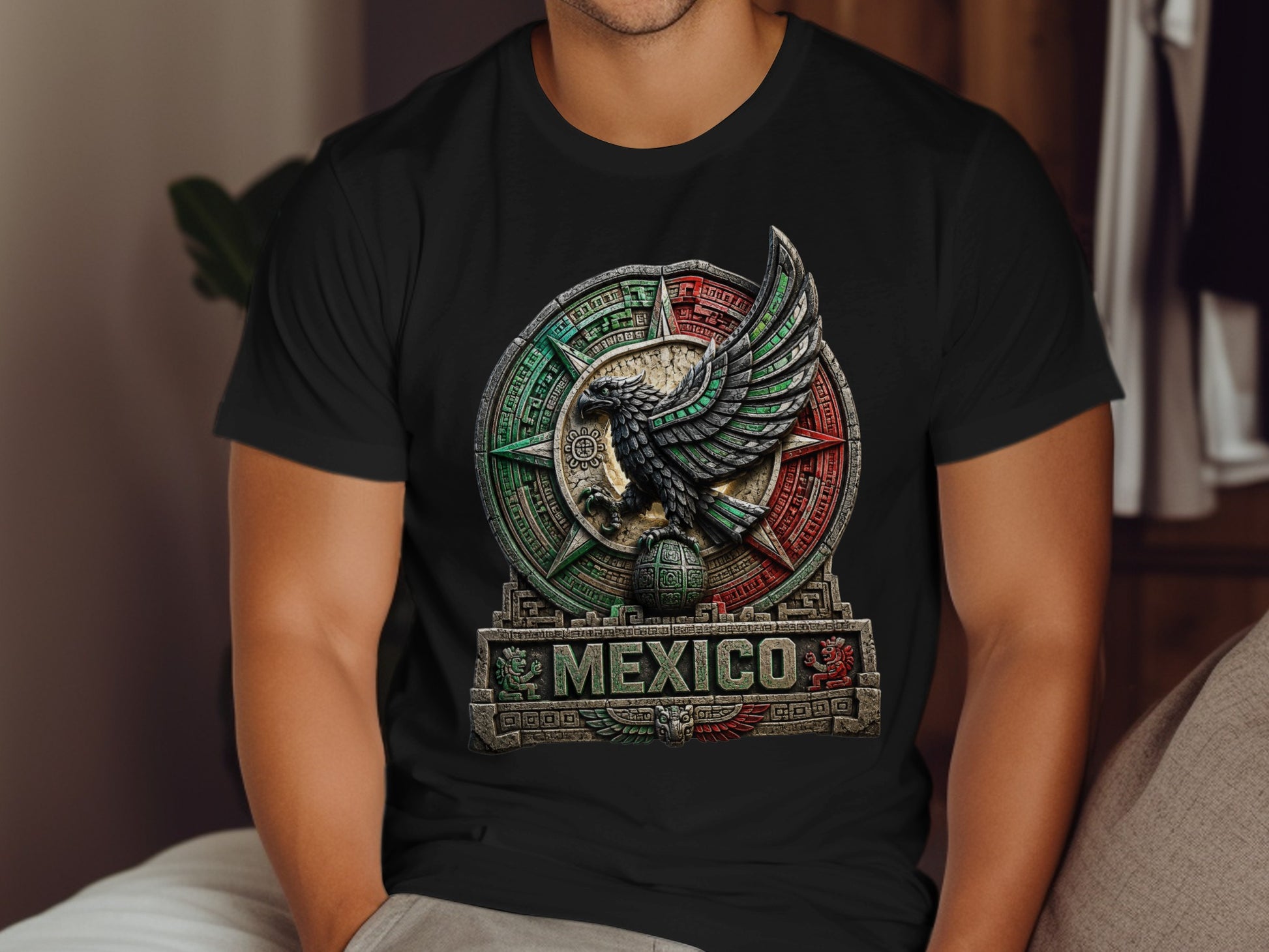 Black t-shirt with a detailed Aztec-inspired Mexico emblem and eagle design.