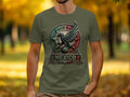 Olive green t-shirt with an eagle and sun emblem, text 