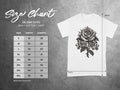 Gildan 5000 t-shirt size chart in inches with a rose graphic.