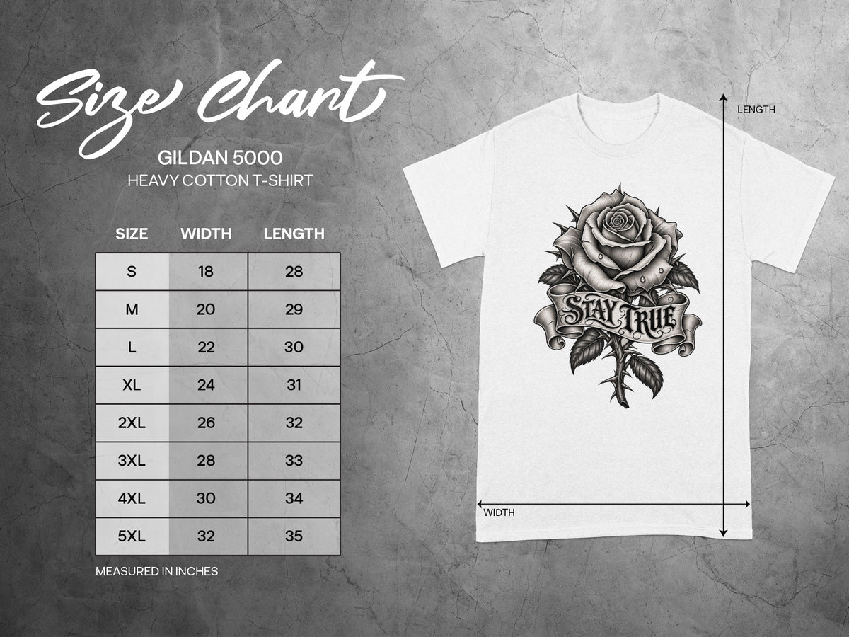 Gildan 5000 t-shirt size chart in inches with a rose graphic.