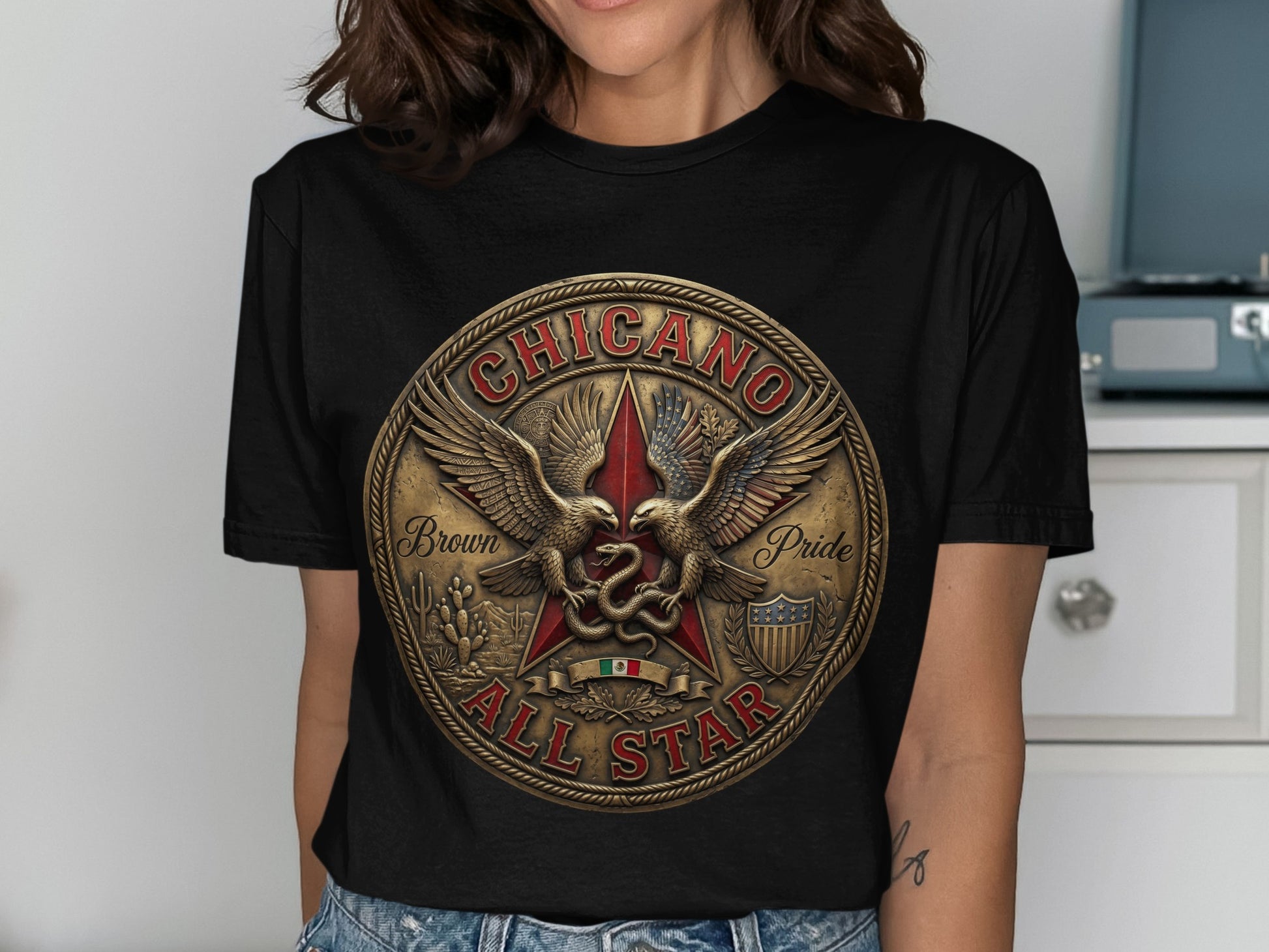 Chicano All Star emblem with eagles, snake, Mexican flag, and stars.