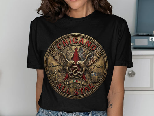 Chicano All Star emblem with eagles, snake, Mexican flag, and stars.