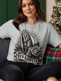 Grey t-shirt with praying hands, rosary, rose, and text 