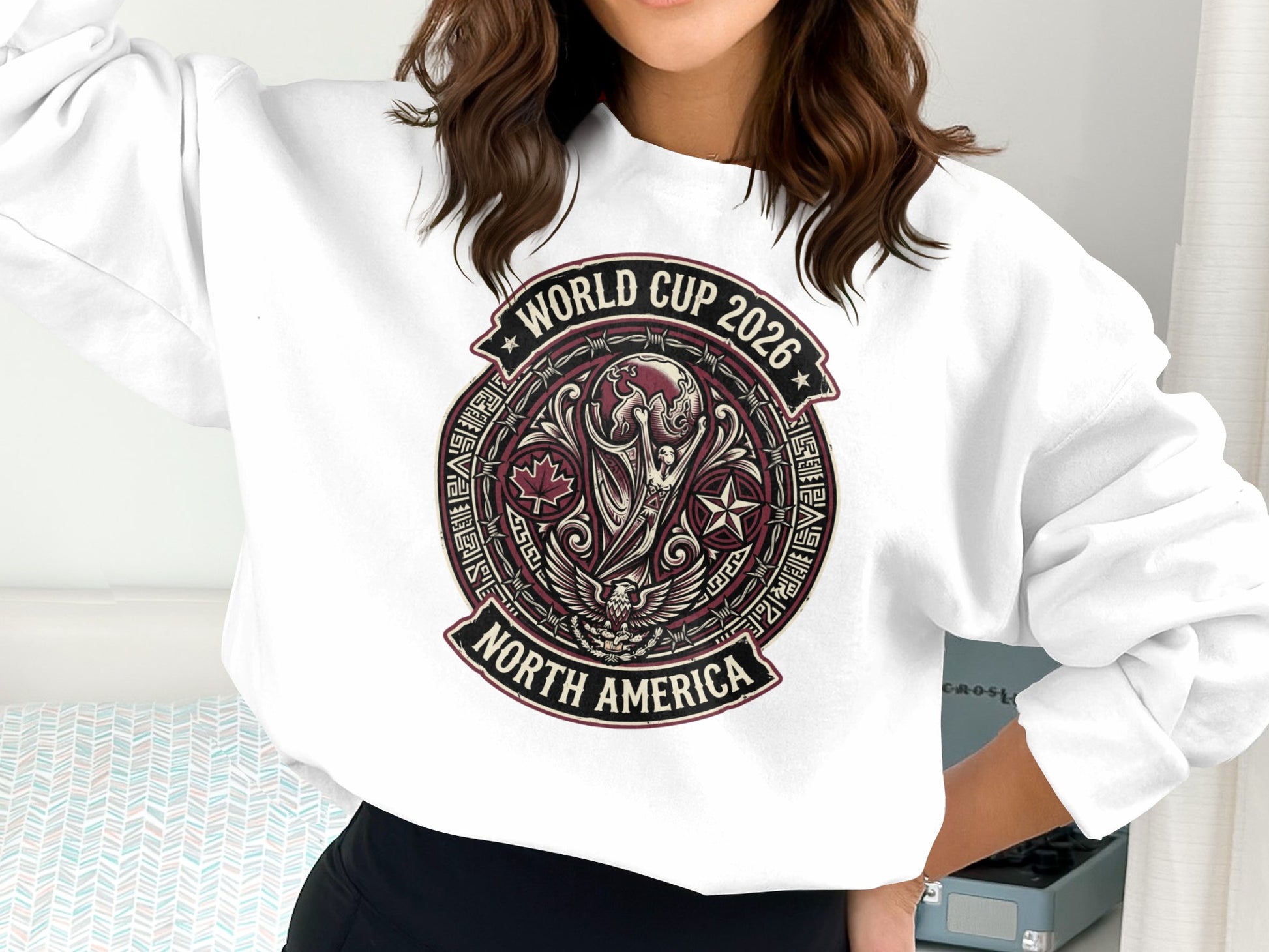 World Cup 2026 North America logo on a white sweatshirt.